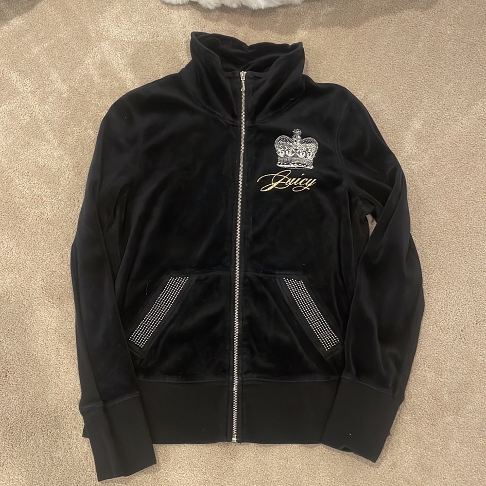 Vintage Authentic Black Velour Juicy Couture Track Jacket zip up jacket